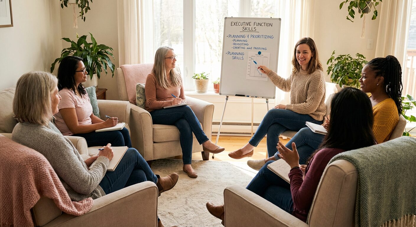 Women in ADHD-focused group therapy learning executive function skills at IKANN Wellness