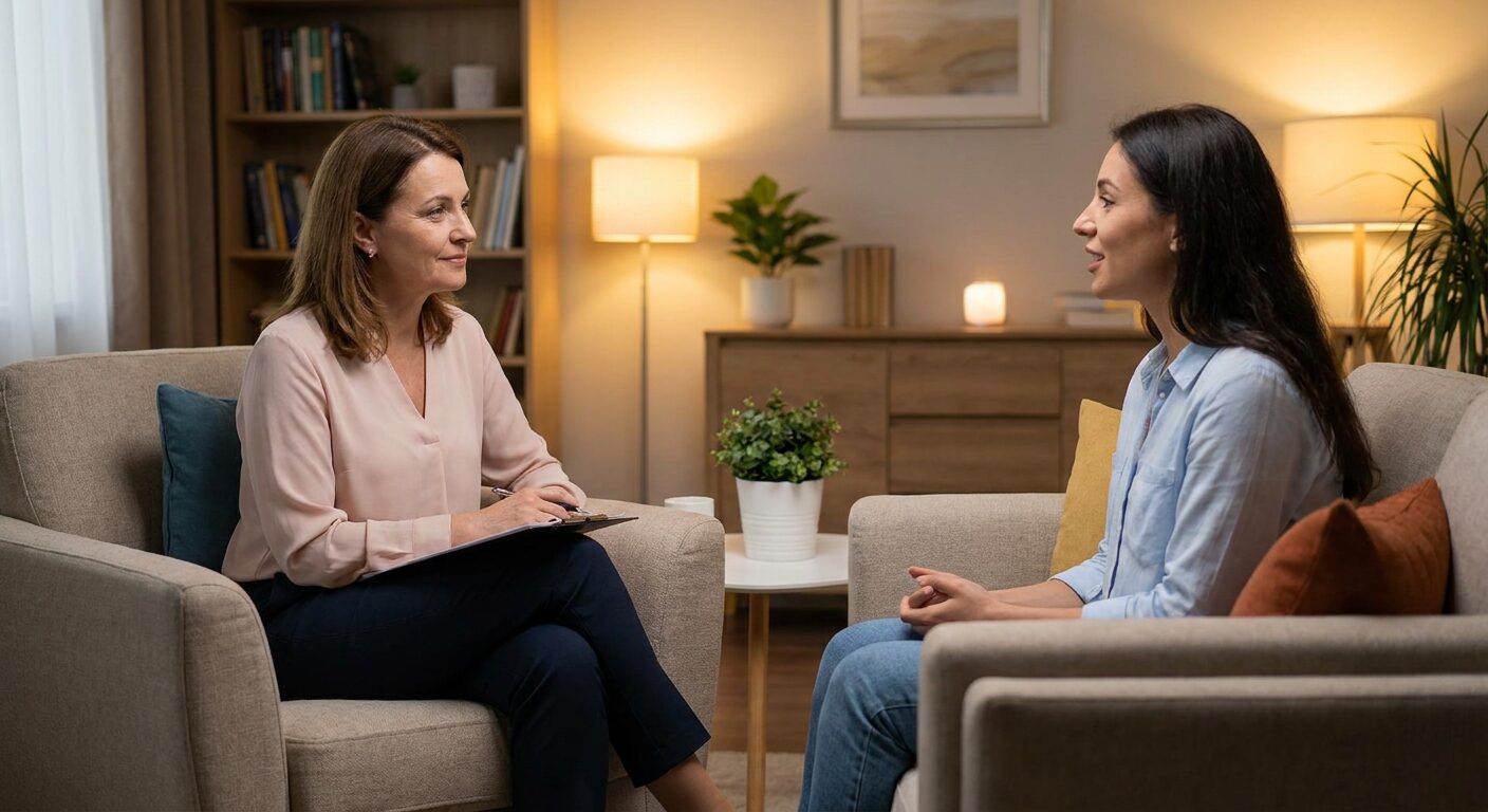 Empathetic alcohol addiction therapist supporting female client at IKANN Wellness
