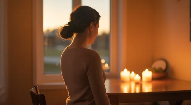 Jewish woman in a peaceful moment of hope and healing with warm candlelight, faith-aligned recovery