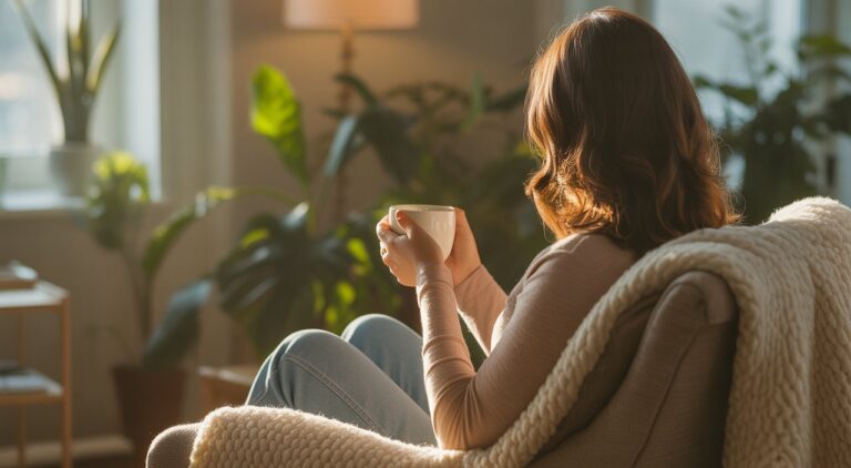 Woman in a calm, healing moment of reflection during trauma-informed recovery