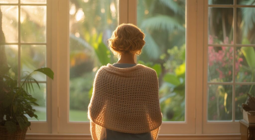 Woman in a hopeful moment of recovery looking out toward sunlit garden, South Florida women's wellness