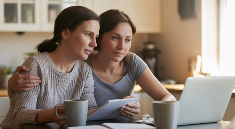 Two women reviewing treatment options together at a kitchen table