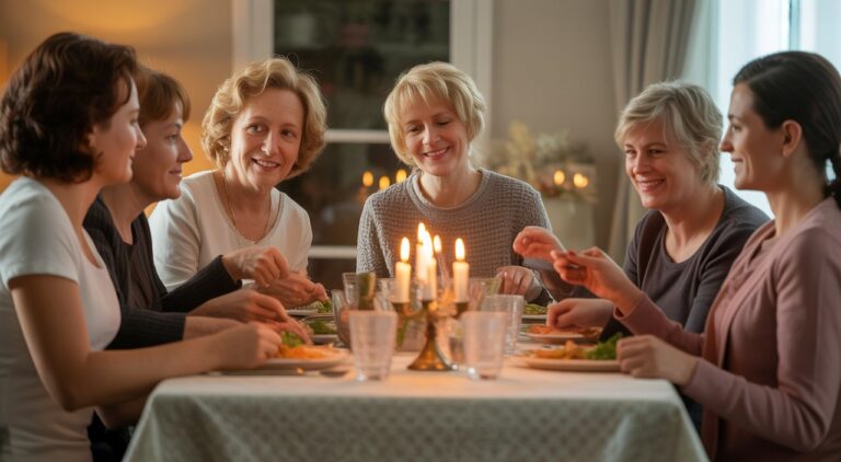 Women sharing a Shabbat meal together at a candlelit table