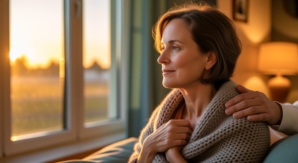 Hopeful woman by a sunlit window with a caring hand on her shoulder, supportive detox and recovery for women