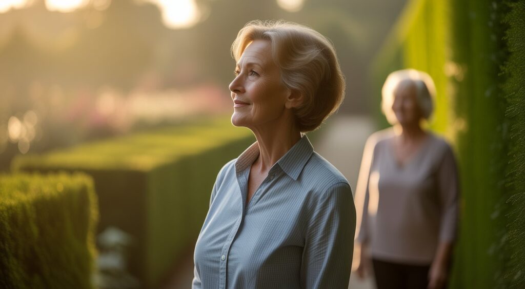 Woman looking forward hopefully in a garden with a supportive companion, Jewish drug rehab in Florida