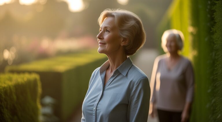 Woman looking forward hopefully in a garden with a supportive companion, Jewish drug rehab in Florida