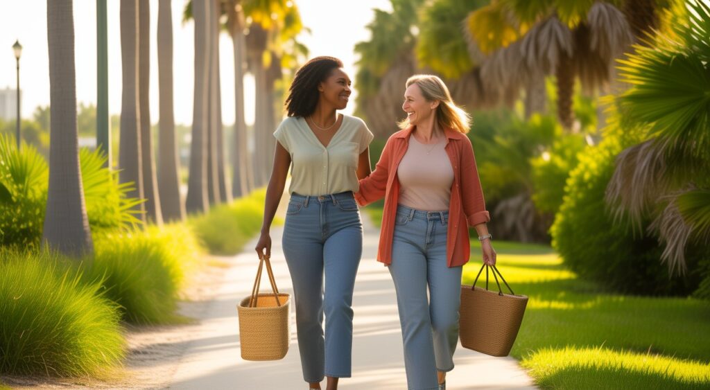 Two women friends walking a palm-lined Fort Lauderdale path, Jewish women's recovery in Fort Lauderdale