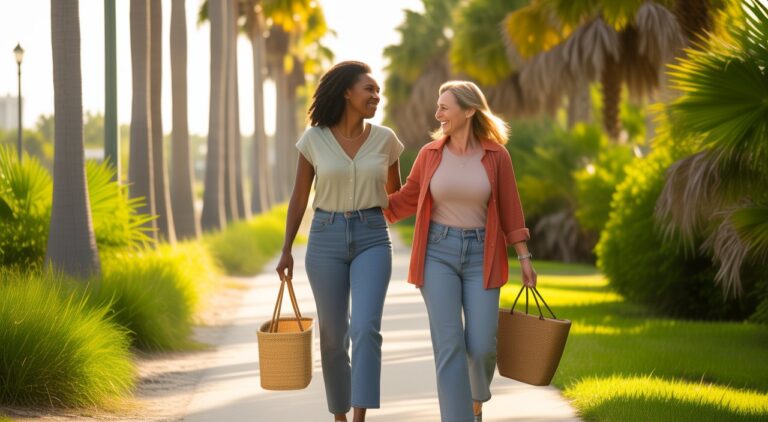 Two women friends walking a palm-lined Fort Lauderdale path, Jewish women's recovery in Fort Lauderdale