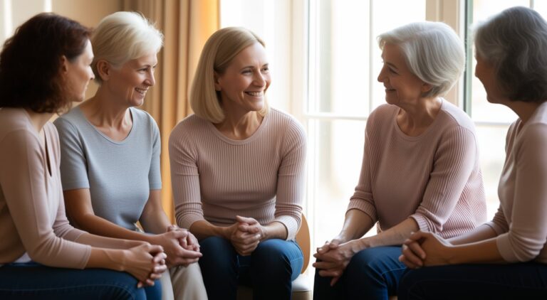 Supportive circle of women of different ages, Jewish women's rehab community in the USA