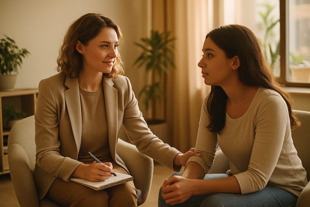 Women's counseling session in a calm, bright office