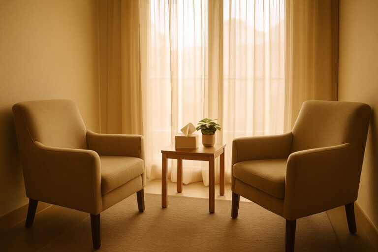 Calm therapy room with two comfortable chairs