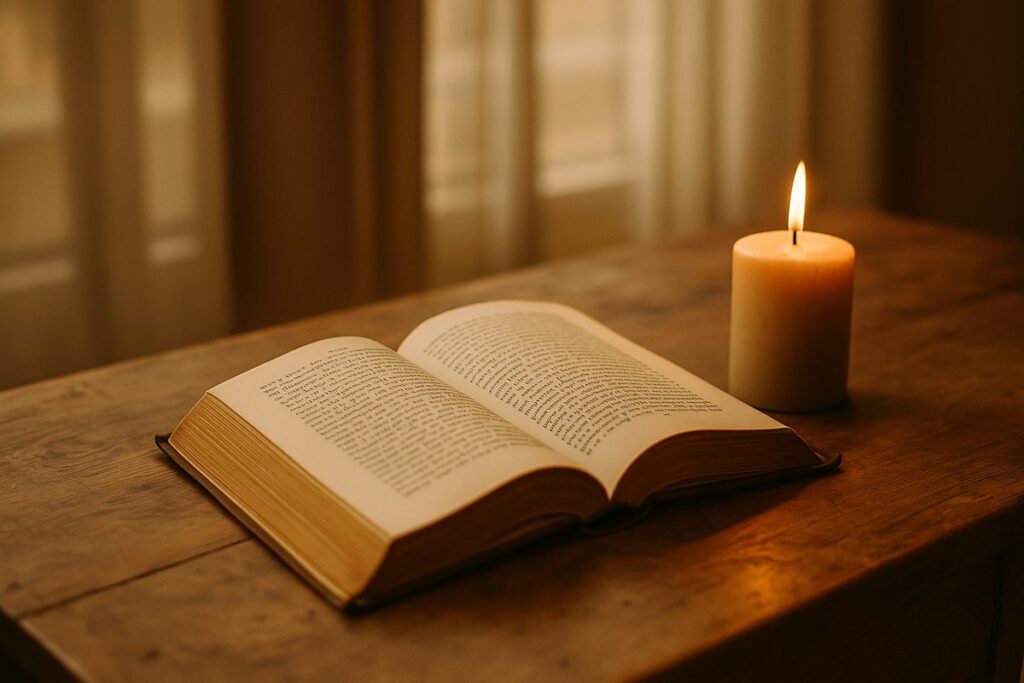Open Jewish study book beside a candle