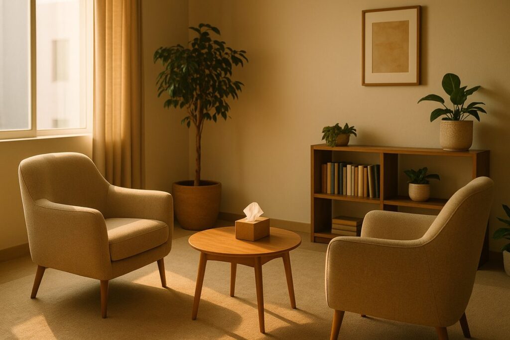 Warm addiction recovery counseling room