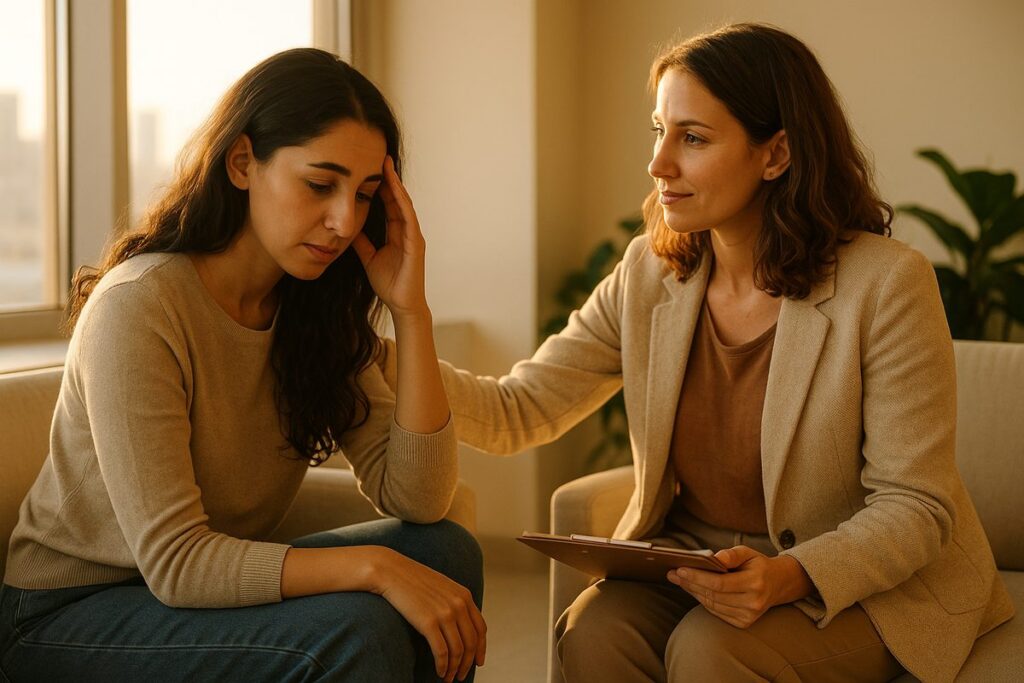 Trauma-informed therapy session for a woman with a counselor
