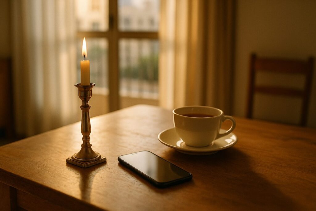 Quiet kitchen table with tea and a Shabbat candlestick