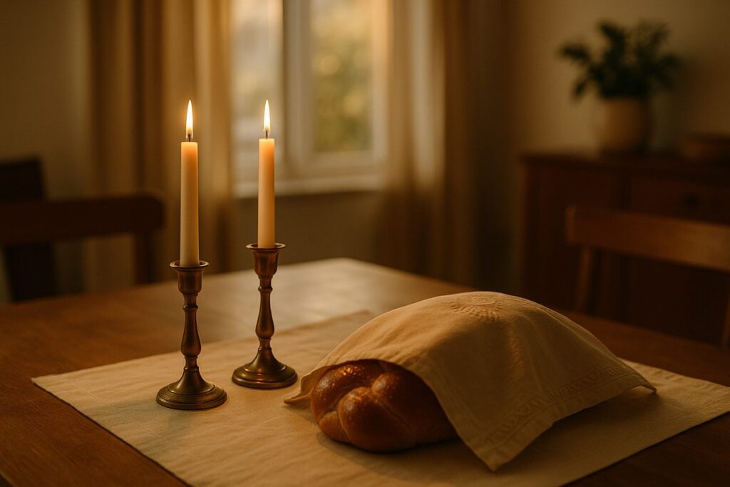 Shabbat candles and challah on a table