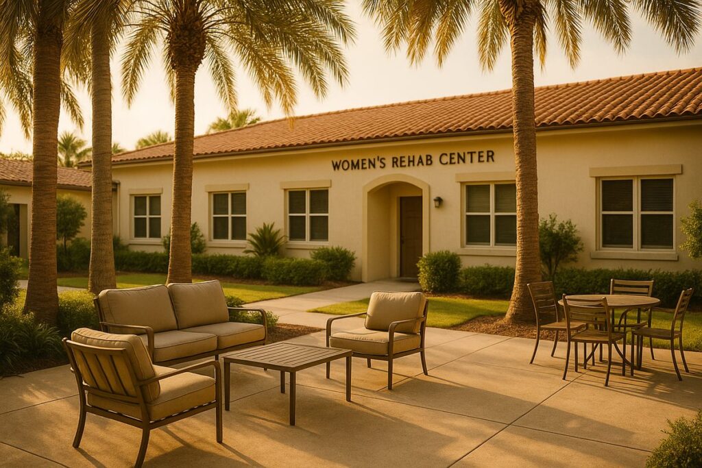 Serene women's rehab center courtyard in South Florida