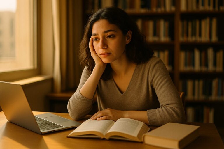 Young woman studying at a library desk